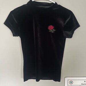 Black Velvet Women's Mock Neck with Red Rose Embroidery